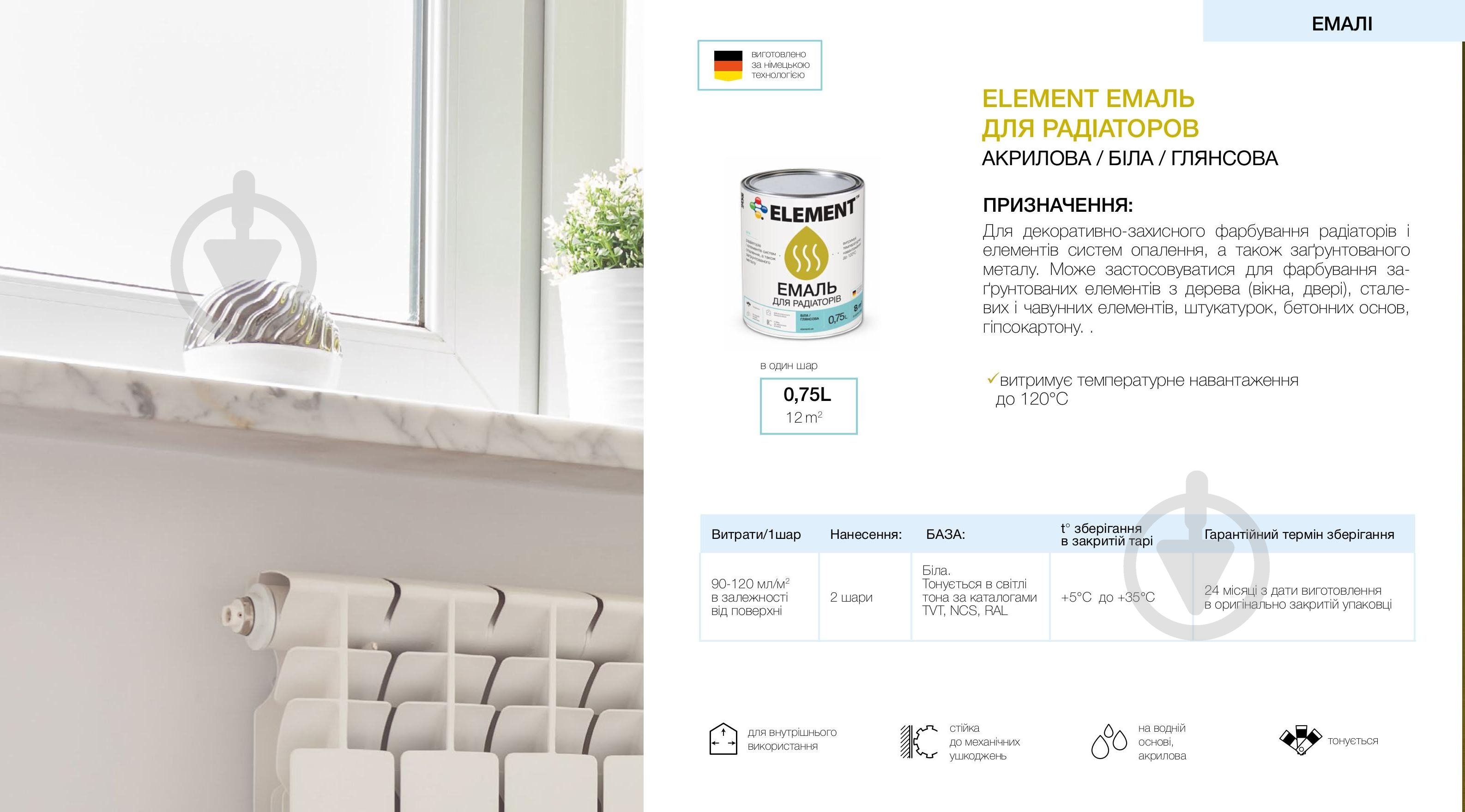 Эмаль Element акриловая для радиаторов белый глянец 2,5 л - фото 2