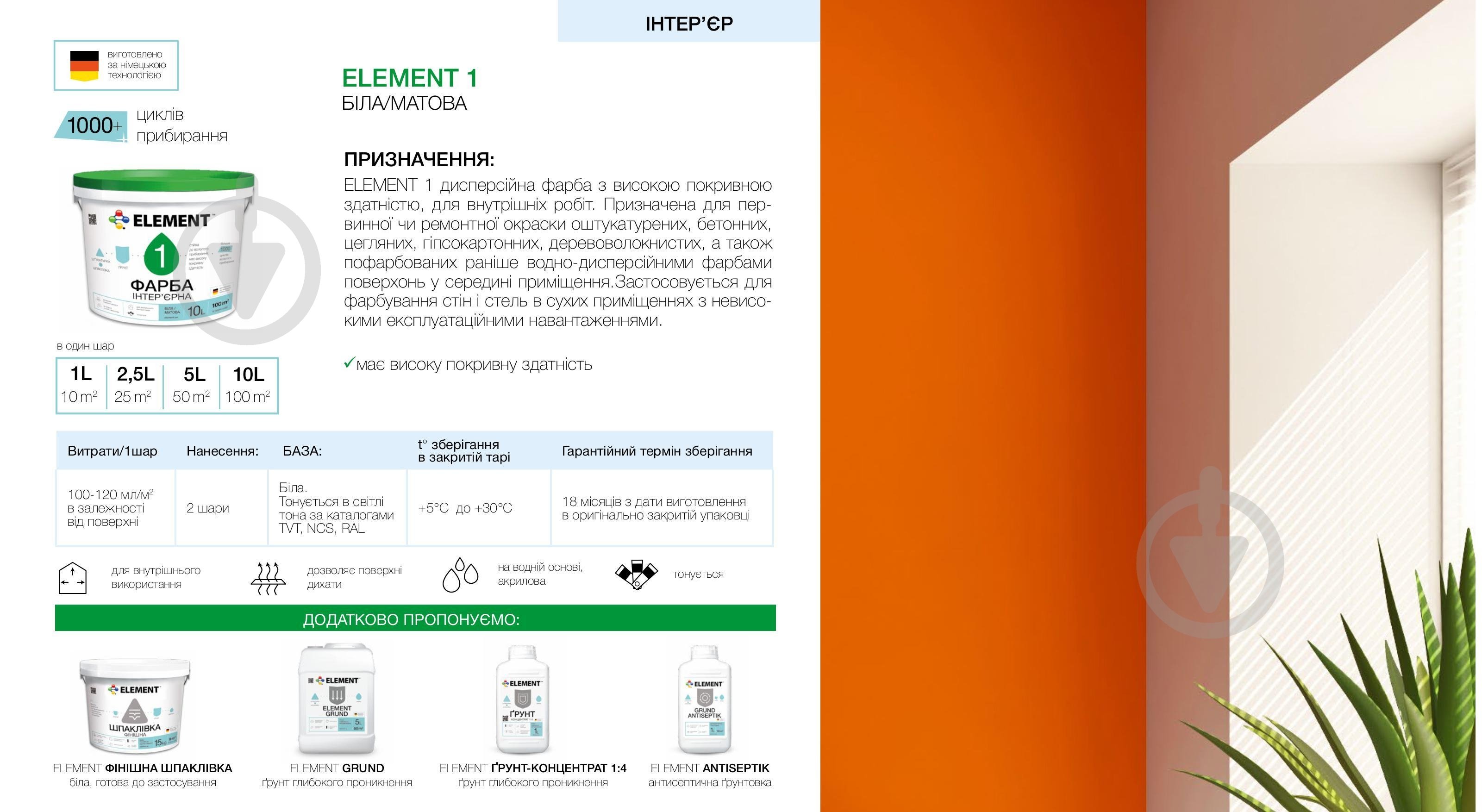 Фарба акрилова водоемульсійна Element 1 мат білий 10 л - фото 2 Фарба акрилова водоемульсійна Element 1 мат білий 10 л - фото 2