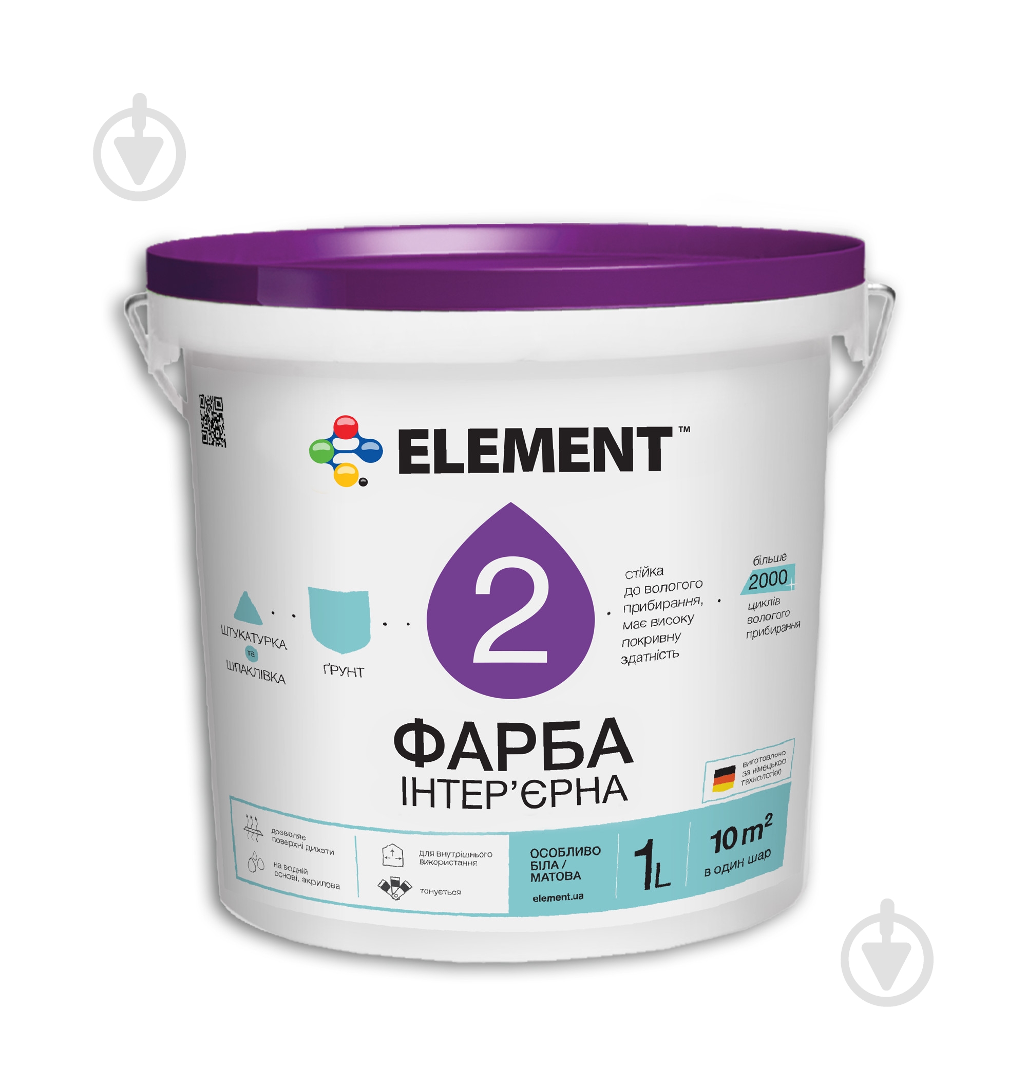 Фарба латексна водоемульсійна Element 2 мат білий 1 л - фото 1