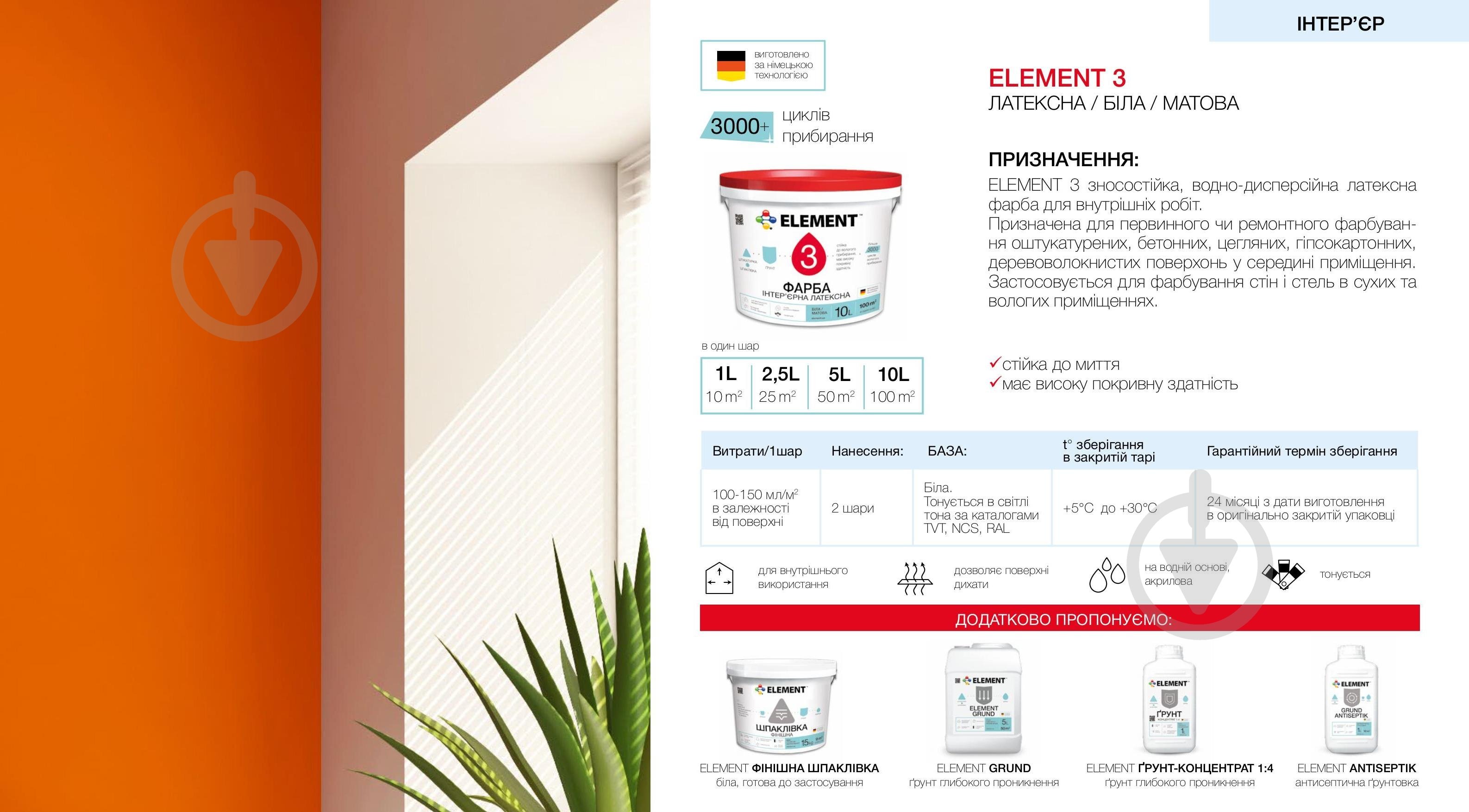 Фарба акрилова водоемульсійна Element 3 База А мат білий 10 л - фото 3
