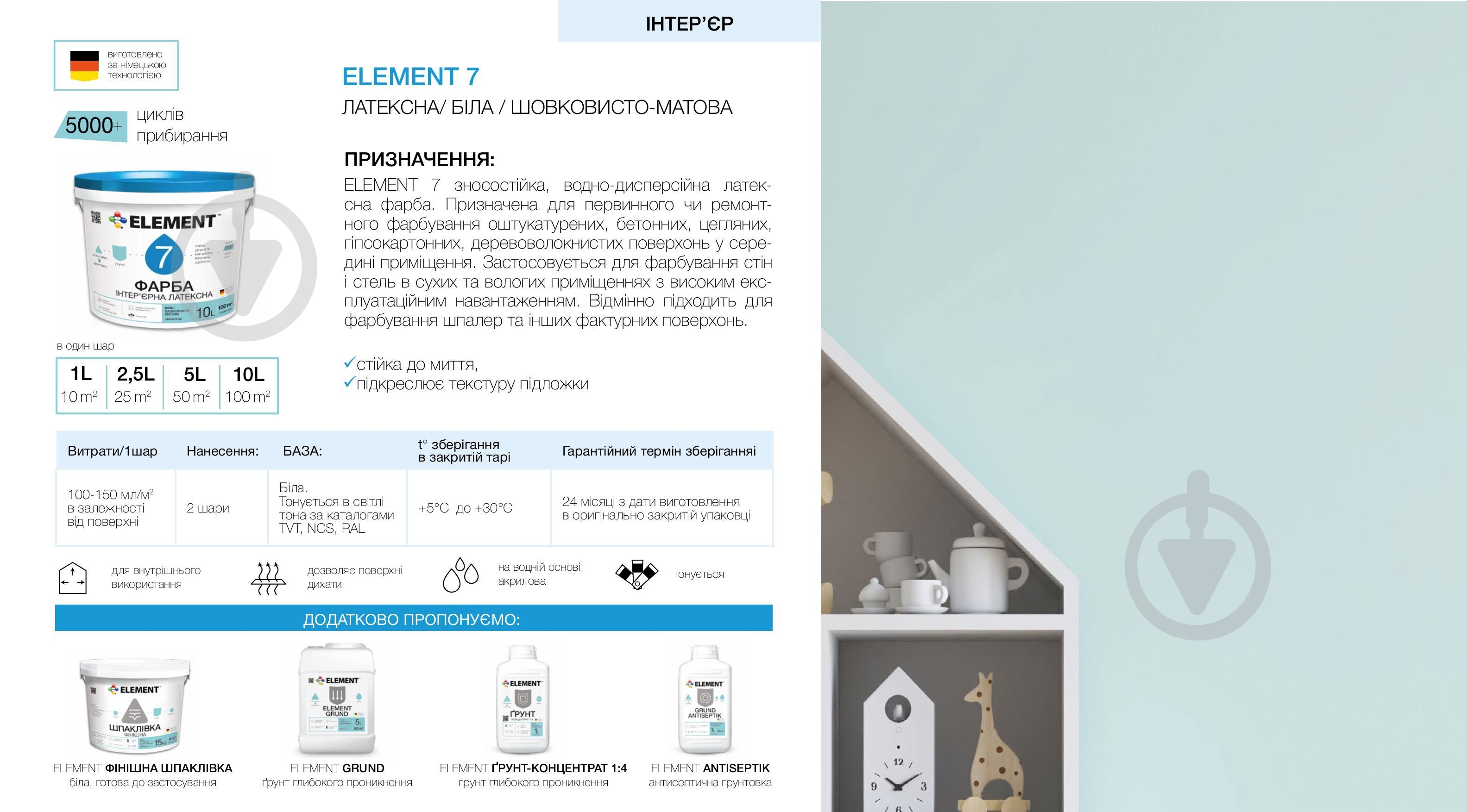 Фарба акрилова водоемульсійна Element 7 База А шовковистий мат білий 2,5 л - фото 3 Фарба акрилова водоемульсійна Element 7 База А шовковистий мат білий 2,5 л - фото 3