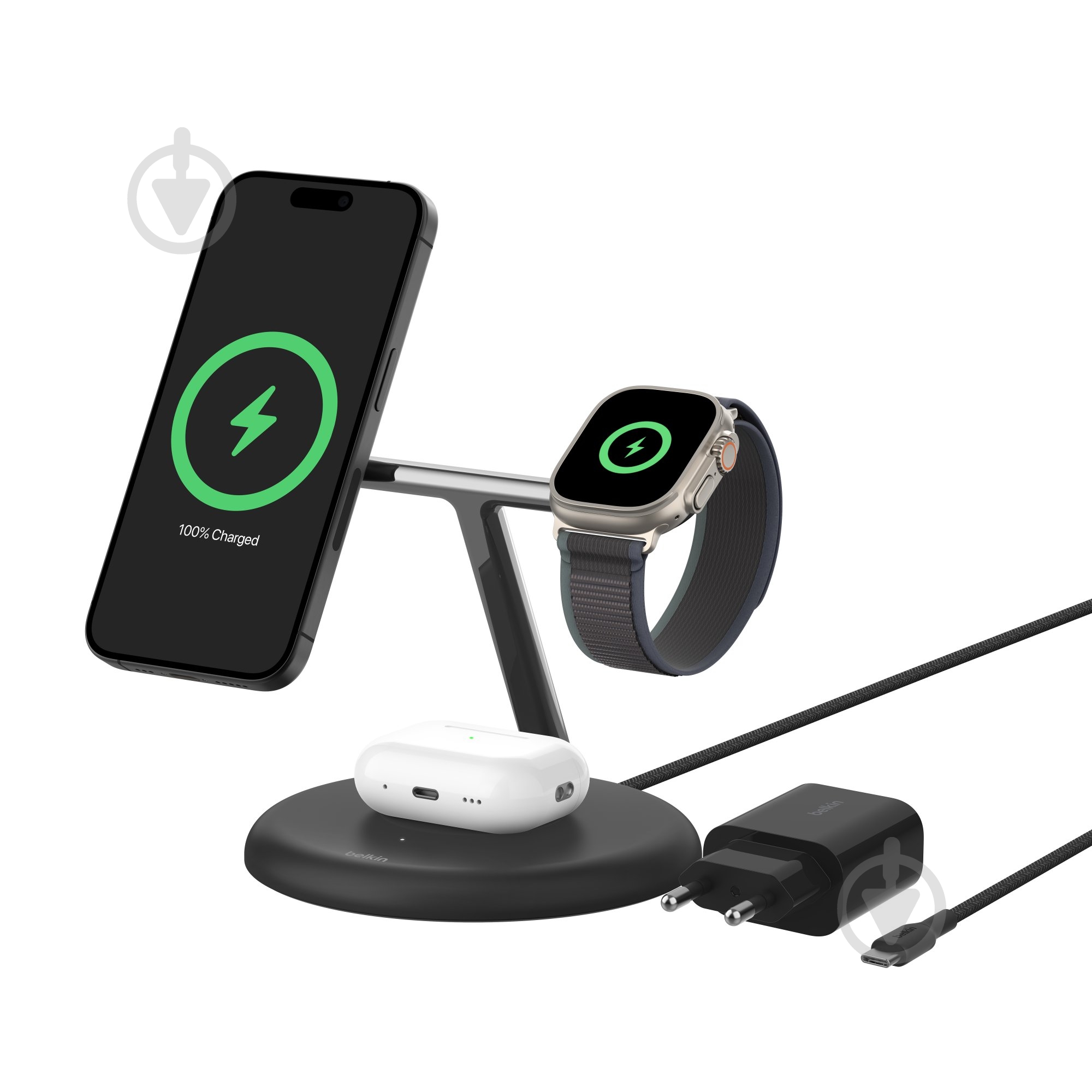 Беспроводное зарядное устройство Belkin 3в1 Magnetic Adjustable Pad Qi2 15 Вт Black - фото 1 Беспроводное зарядное устройство Belkin 3в1 Magnetic Adjustable Pad Qi2 15 Вт Black - фото 1