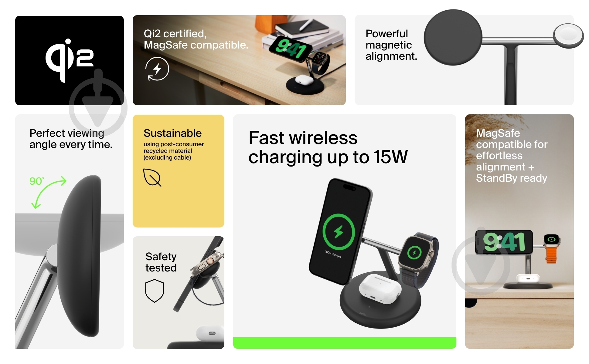 Беспроводное зарядное устройство Belkin 3в1 Magnetic Adjustable Pad Qi2 15 Вт Black - фото 8 Беспроводное зарядное устройство Belkin 3в1 Magnetic Adjustable Pad Qi2 15 Вт Black - фото 8