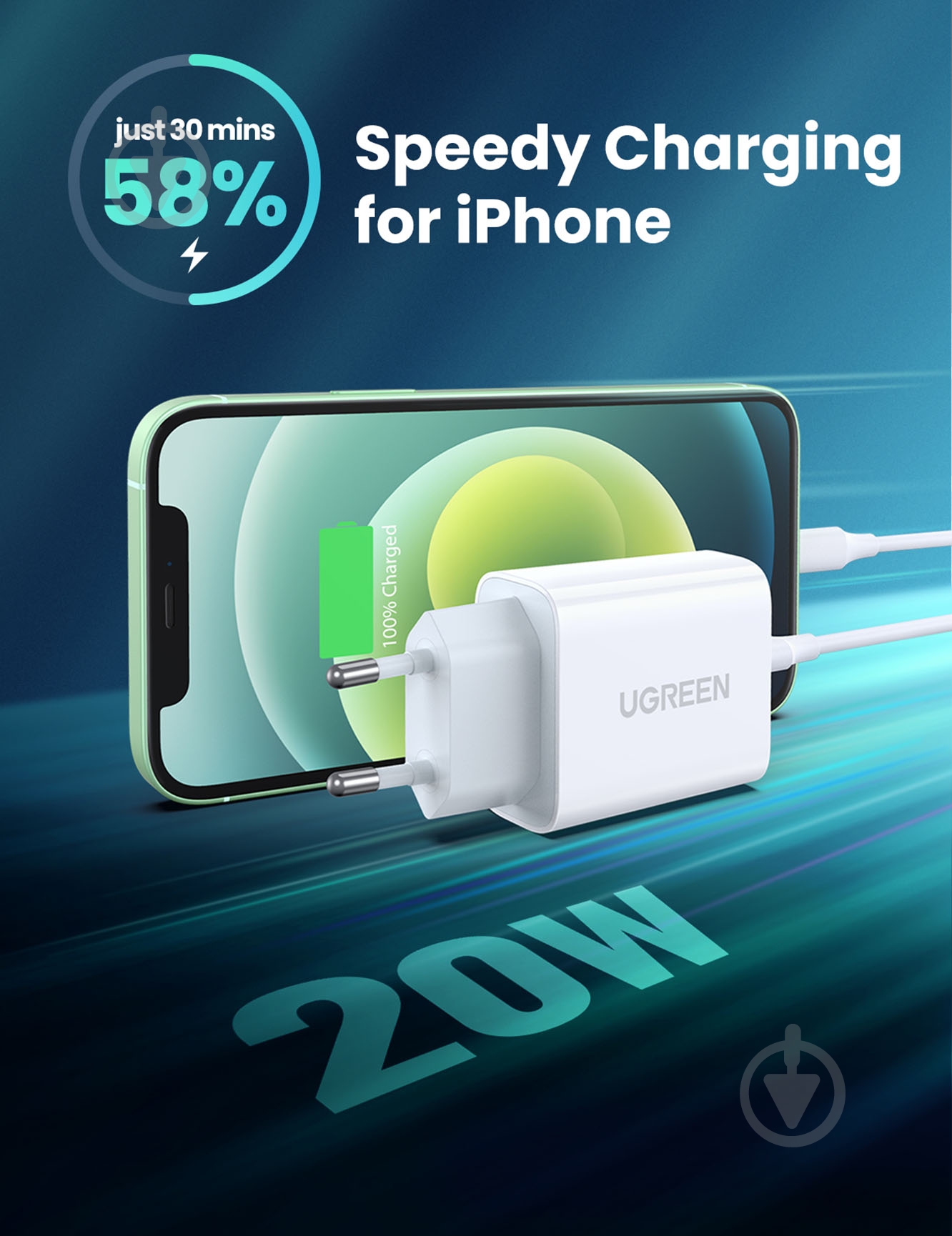 Сетевое зарядное устройство UGREEN CD137 Fast Charging Power Adapter with PD QC4.0 20W 3A White - фото 4