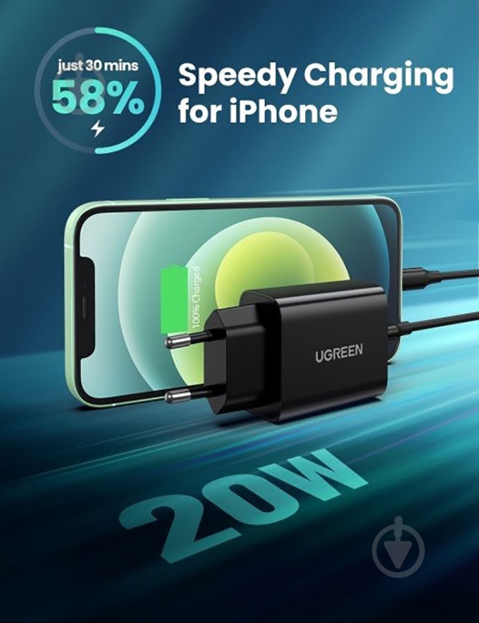 Мережевий зарядний пристрій UGREEN CD137 Fast Charging Power Adapter with PD QC4.0 20W 3A Black - фото 3