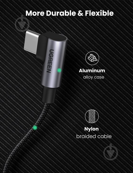 Кабель UGREEN US335 Angled USB Type-C to Angled USB Type-C 100W 5A Cable Aluminium Shell with Braide 1 м черный (70696) - фото 4 Кабель UGREEN US335 Angled USB Type-C to Angled USB Type-C 100W 5A Cable Aluminium Shell with Braide 1 м черный (70696) - фото 4