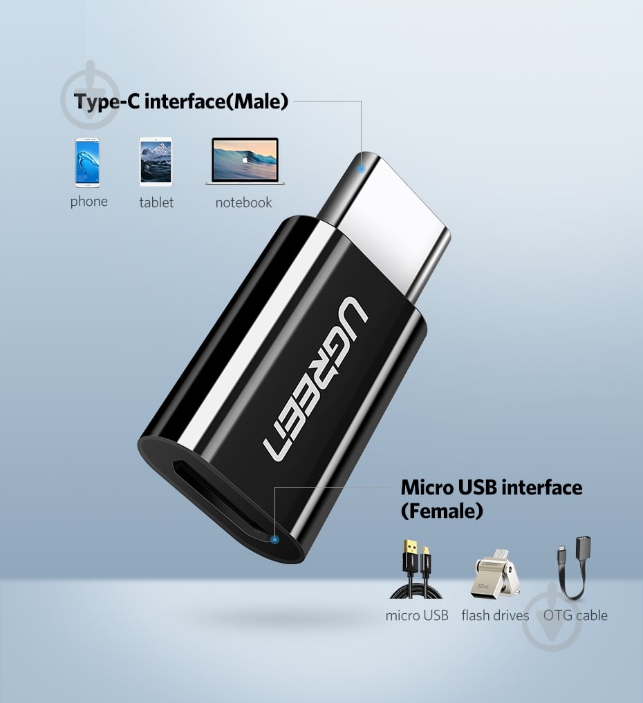 Адаптер UGREEN US157 USB Type-C to microUSB OTG Adapter черный (30391) - фото 2 Адаптер UGREEN US157 USB Type-C to microUSB OTG Adapter черный (30391) - фото 2