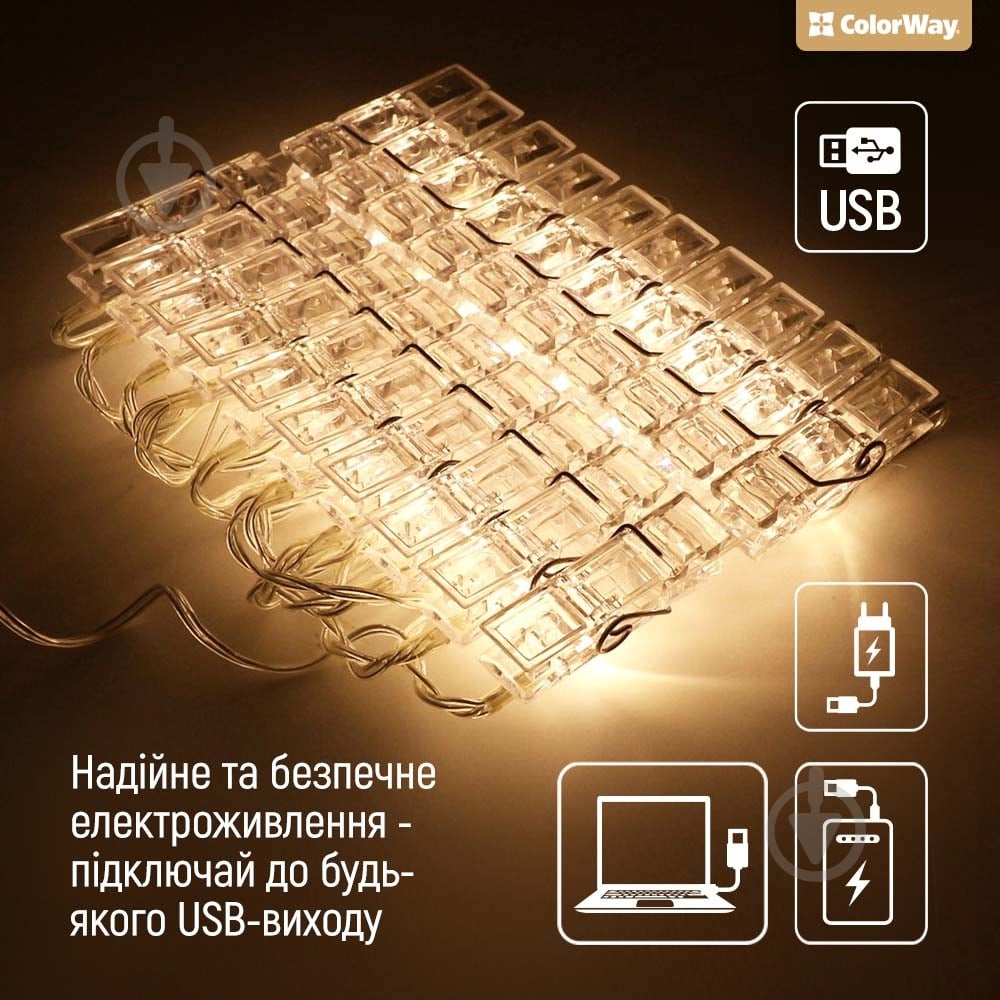 Гірлянда світлодіодна ColorWay з прищіпками для фото світлодіодна (LED) 30 ламп 3 м (CW-LCP-20L30BU) - фото 7