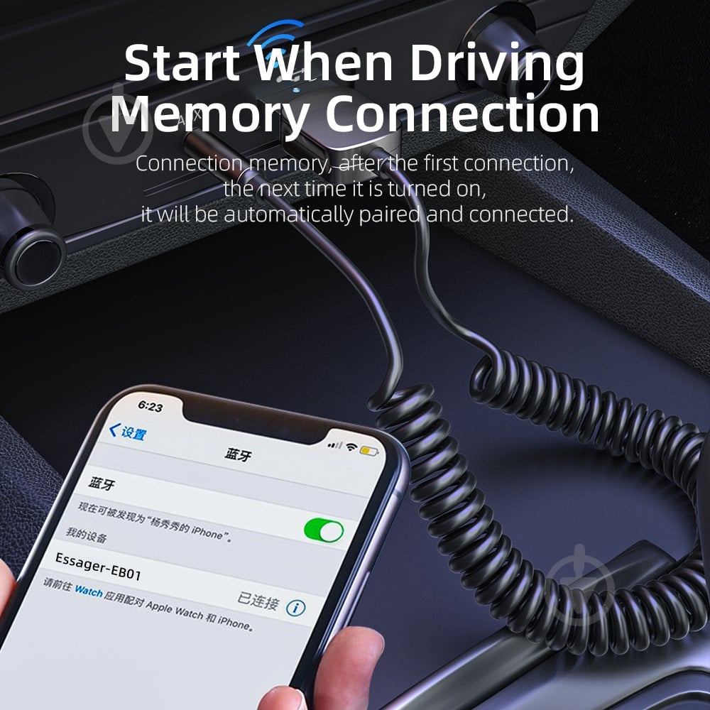 Адаптер Essager Bluetooth 5.0 Aux Adapter Car Wireless Receiver USB to 3.5mm Jack Audio Music Mic Handsfree Car Kit Speaker Transmitter Grey 1,1 м grey (EBTEB01-JS0A) - фото 7
