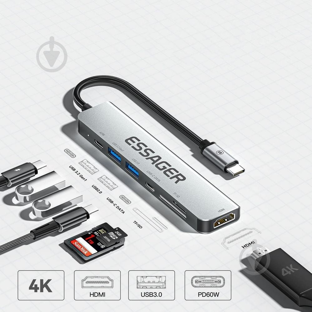USB-хаб Essager QingHong 7 in1 HDMI USB3.2 USB-C SD TF Grey (EHB07-QH0G-Z) - фото 3 USB-хаб Essager QingHong 7 in1 HDMI USB3.2 USB-C SD TF Grey (EHB07-QH0G-Z) - фото 3