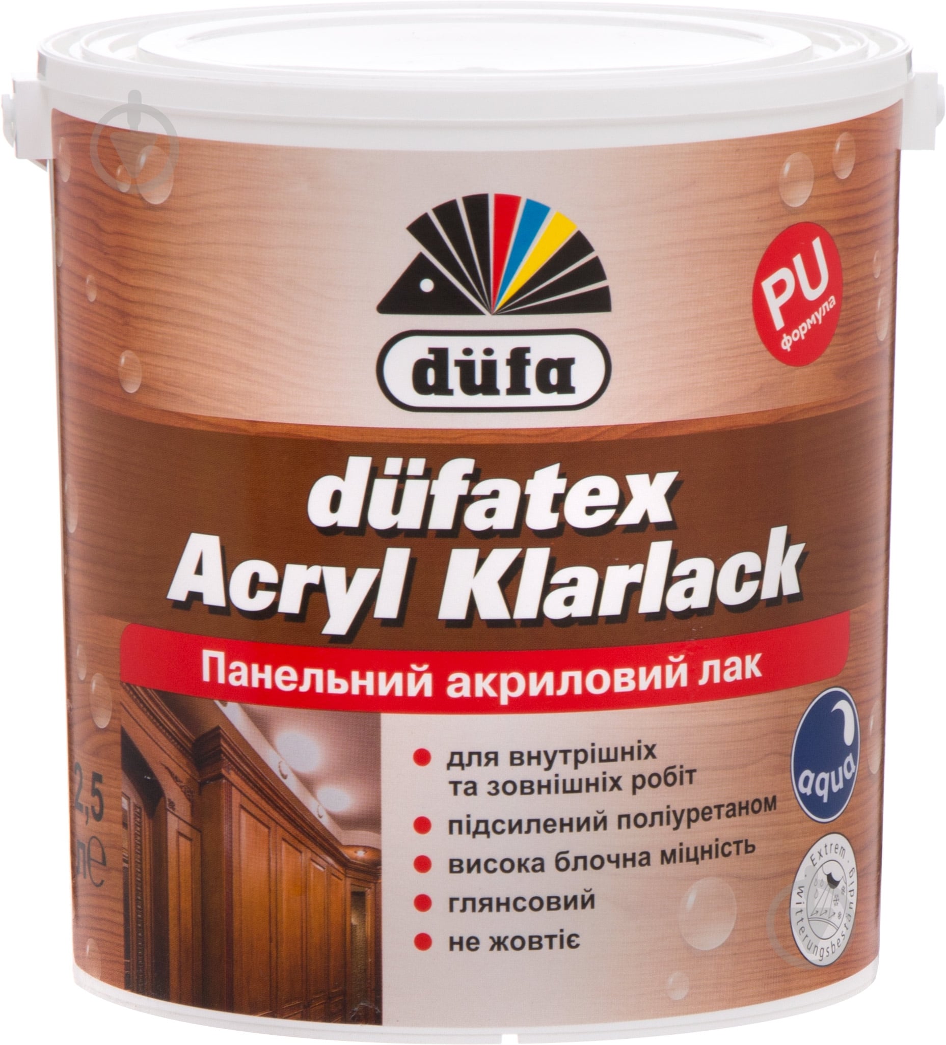 Лак панельний Dufatex Acryl Klarlack Dufa глянець прозорий 2,5 л - фото 1 Лак панельний Dufatex Acryl Klarlack Dufa глянець прозорий 2,5 л - фото 1