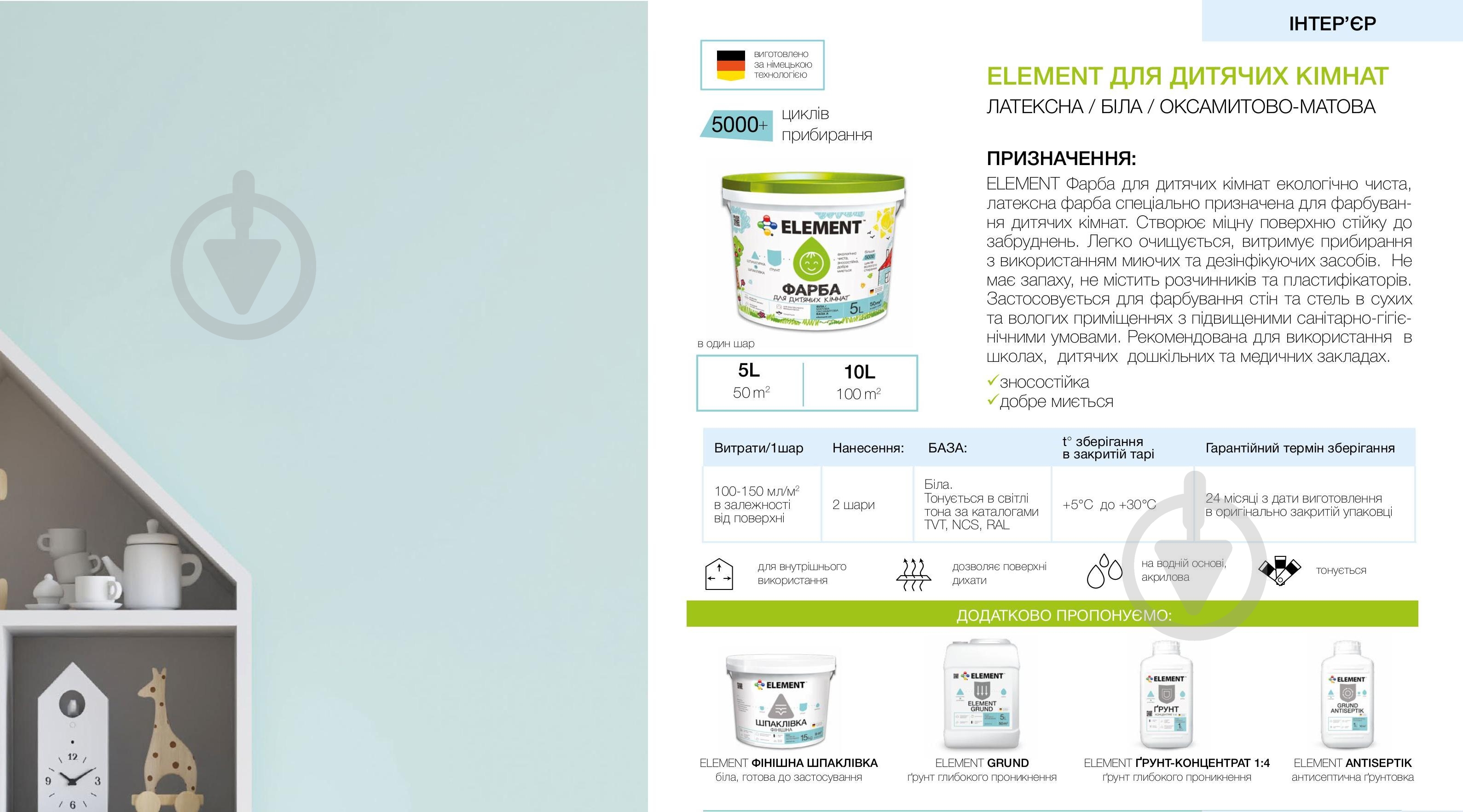 Краска акриловая водоэмульсионная Element для детских комнат шелковистый мат белый 1 л - фото 2