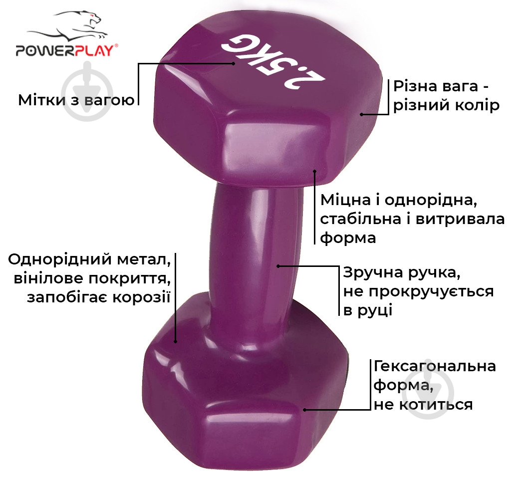 Гантель PowerPlay PP_4125_2.5kg 2,5 кг фиолетовый - фото 2