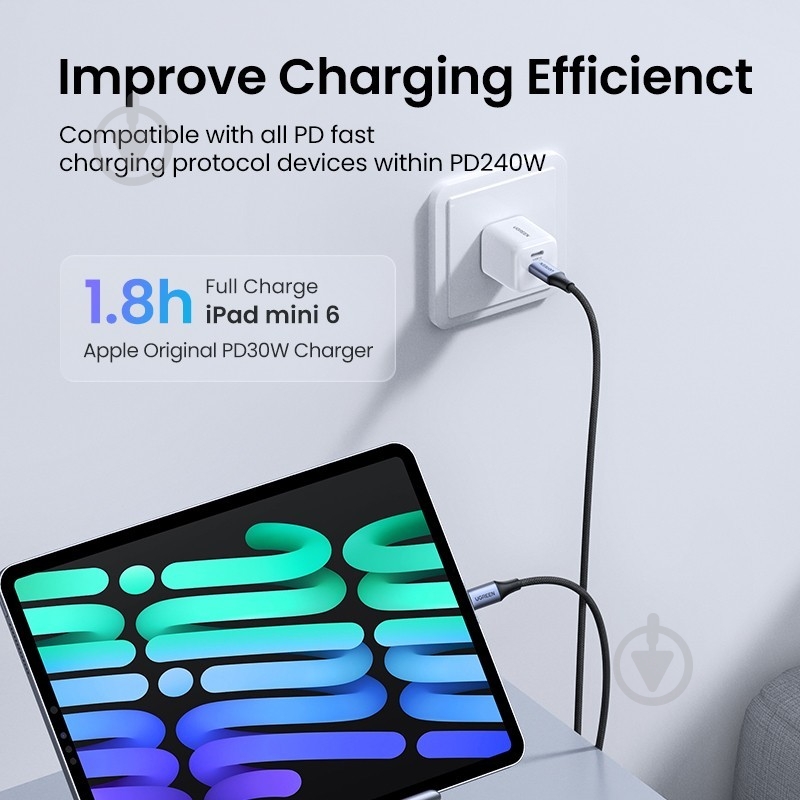 Кабель UGREEN US535 USB-C to USB-C 240W PD Fast Charging Cable 2 м space gray (90440) - фото 6 Кабель UGREEN US535 USB-C to USB-C 240W PD Fast Charging Cable 2 м space gray (90440) - фото 6