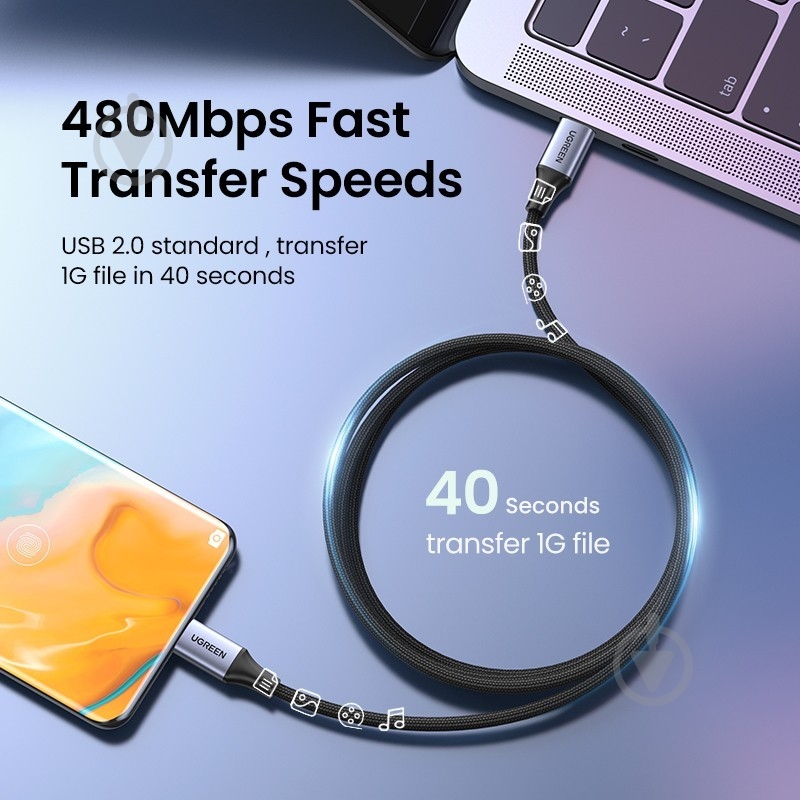 Кабель UGREEN US535 USB-C to USB-C 240W PD Fast Charging Cable 2 м space gray (90440) - фото 5 Кабель UGREEN US535 USB-C to USB-C 240W PD Fast Charging Cable 2 м space gray (90440) - фото 5
