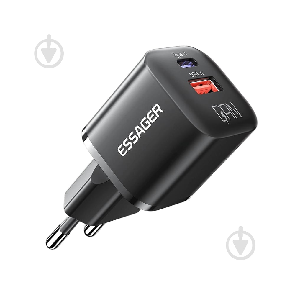 Зарядное устройство Essager Camber 20W GaN travel Phone Charger USB A + Type C EU Black (ECTAC-HMB01-P) - фото 1