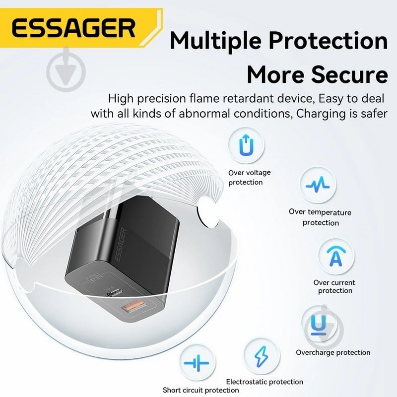 Зарядний пристрій Essager Pinchen 33W Travel Phone Charger USB A + TYPE C EU Black (ECTAC-PCB01-P) - фото 9 Зарядний пристрій Essager Pinchen 33W Travel Phone Charger USB A + TYPE C EU Black (ECTAC-PCB01-P) - фото 9