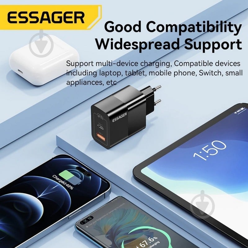 Зарядний пристрій Essager Pinchen 33W Travel Phone Charger USB A + TYPE C EU Black (ECTAC-PCB01-P) - фото 4 Зарядний пристрій Essager Pinchen 33W Travel Phone Charger USB A + TYPE C EU Black (ECTAC-PCB01-P) - фото 4