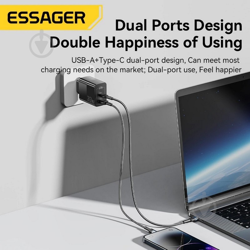 Зарядний пристрій Essager Pinchen 33W Travel Phone Charger USB A + TYPE C EU Black (ECTAC-PCB01-P) - фото 3 Зарядний пристрій Essager Pinchen 33W Travel Phone Charger USB A + TYPE C EU Black (ECTAC-PCB01-P) - фото 3