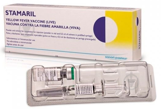 Стамарил вакцина д/проф жовтої лихоманки порошок для сусп. д/ін. по 1000 МО/дозу №1 у флак. з р-ком порошок - фото 1 Стамарил вакцина д/проф жовтої лихоманки порошок для сусп. д/ін. по 1000 МО/дозу №1 у флак. з р-ком порошок - фото 1