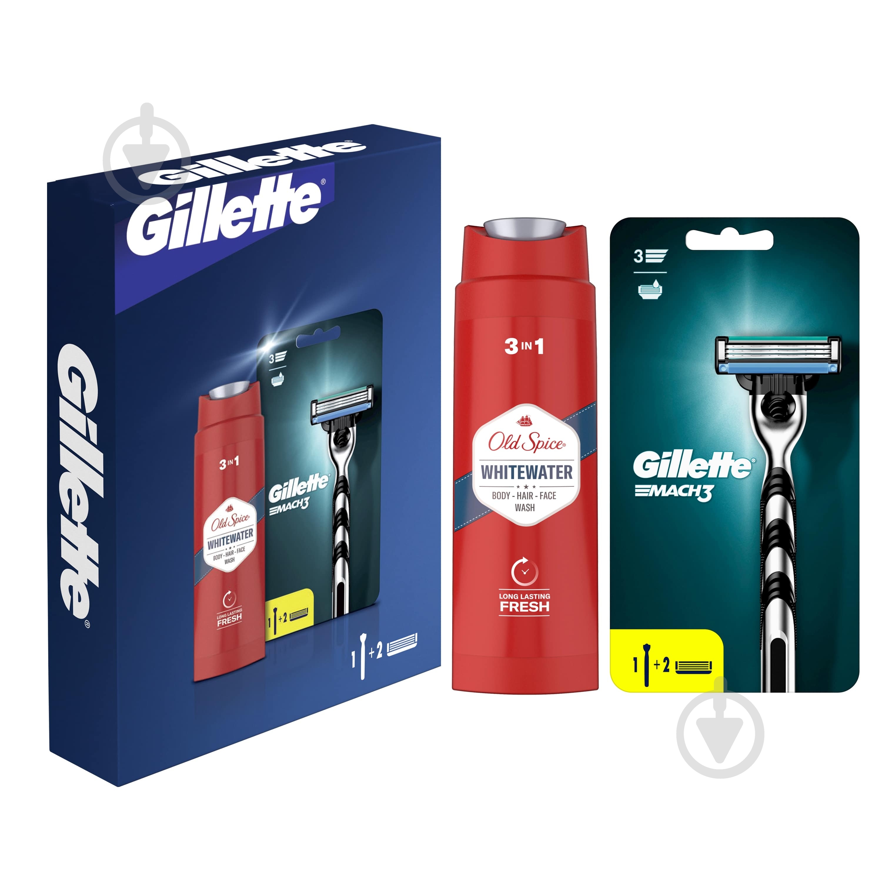 Подарунковий набір для чоловіків Gillette Станок Mach3 + гель для душу Old Spice 3-в-1 Whitewater 250 мл - фото 1