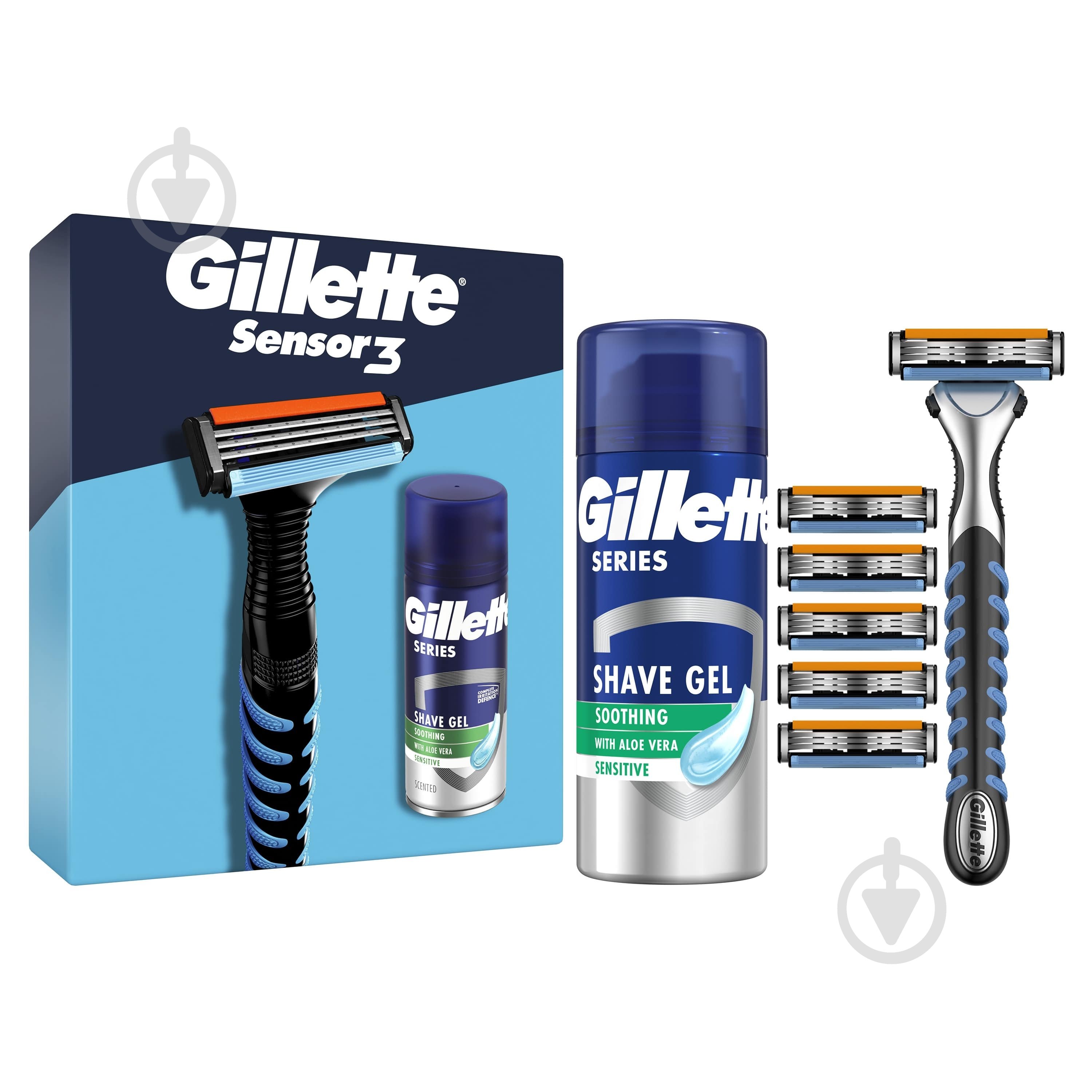 Подарочный набор для мужчин Gillette Бритва Sensor3 + 5 сменных картриджей + Гель для бритья Series 75 мл - фото 1 Подарочный набор для мужчин Gillette Бритва Sensor3 + 5 сменных картриджей + Гель для бритья Series 75 мл - фото 1