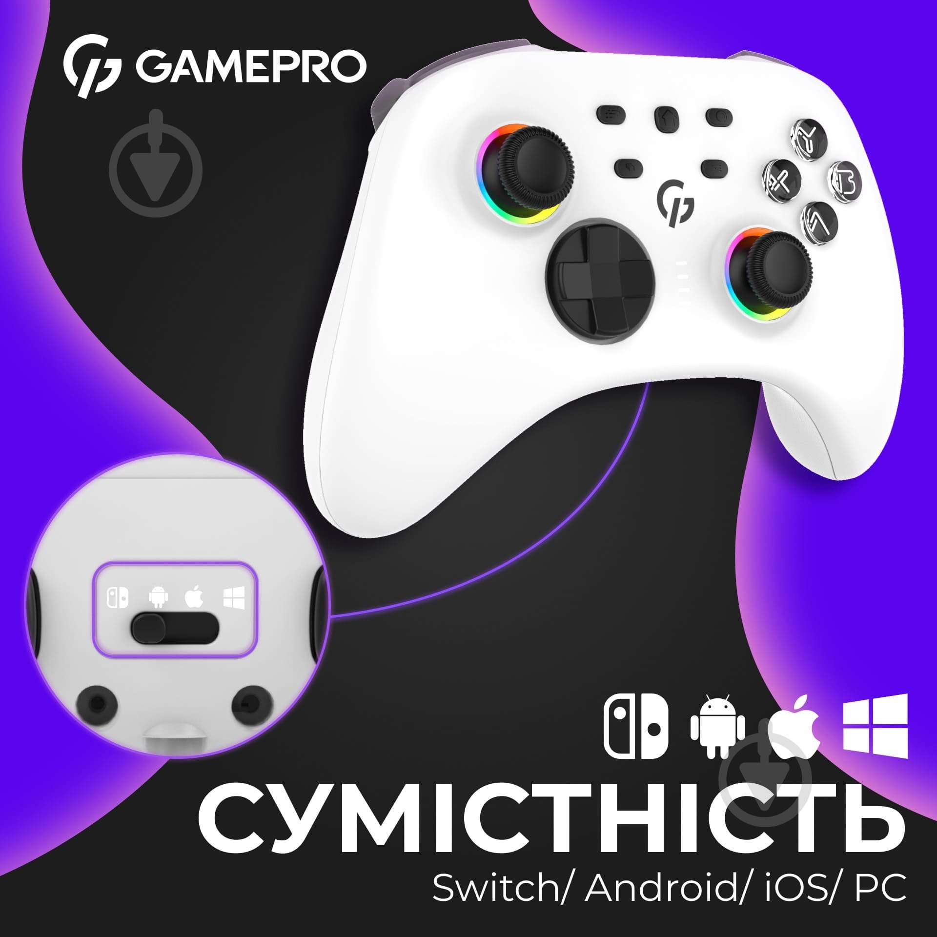 Геймпад беспроводной GamePro GPX13W 2.4G/BT 5.1/USB (Switch/PC/iOS/Android) RGB White white - фото 16