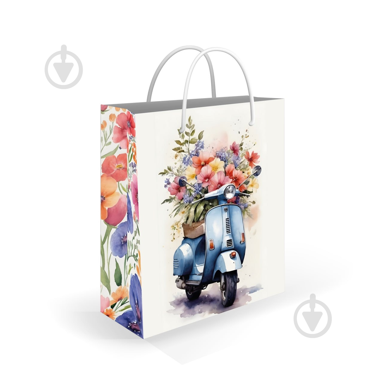 Пакет подарунковий L 27x33x11 см Скутер з квітами Львівська Мануфактура Друку - фото 1 Пакет подарунковий L 27x33x11 см Скутер з квітами Львівська Мануфактура Друку - фото 1