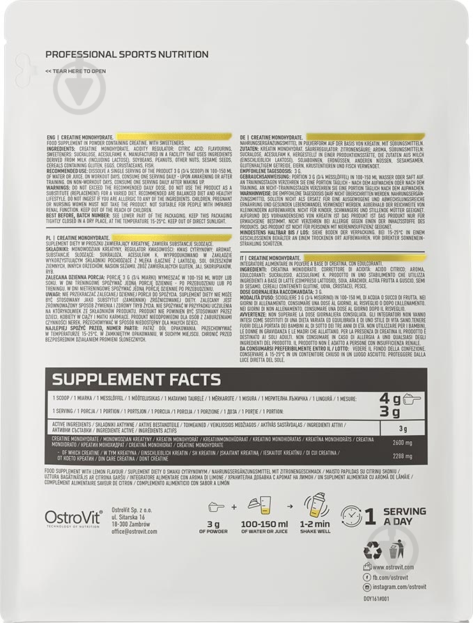 Креатин моногидрат Ostrovit лимон 500 г - фото 2