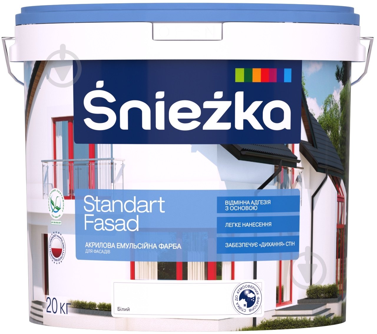 Фарба акрилова водоемульсійна Sniezka Standart Fasad мат білий 15 л 20 кг - фото 1