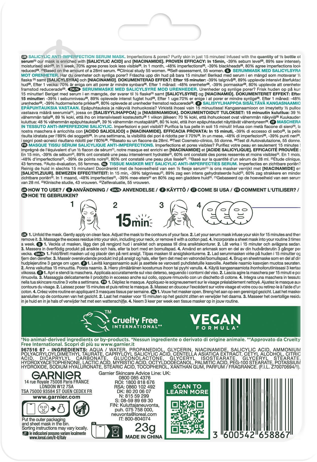 Маска тканинна для обличчя Garnier проти недосконалостей шкіри тканинна з саліциловою кислотою Pure active 23 г - фото 2