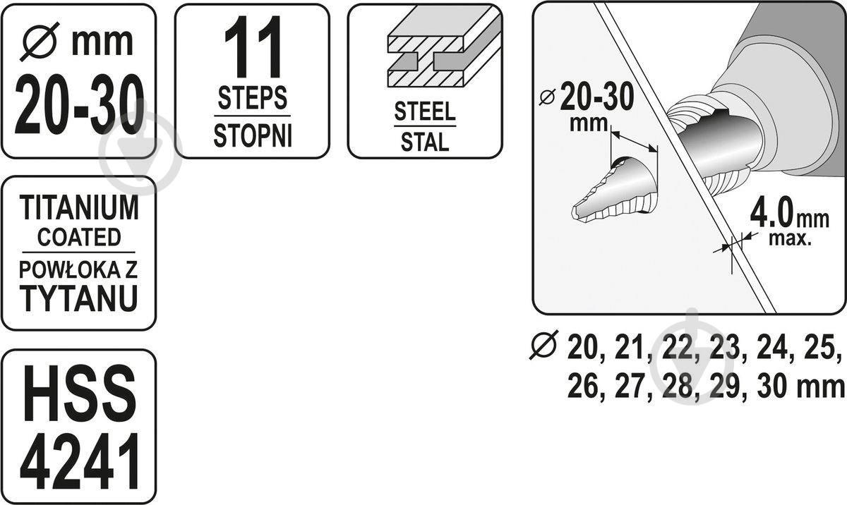 Сверло YATO HSS 4241 с титановым покрытием d20-30 мм 20-30 мм 1 шт. YT-44747 - фото 4