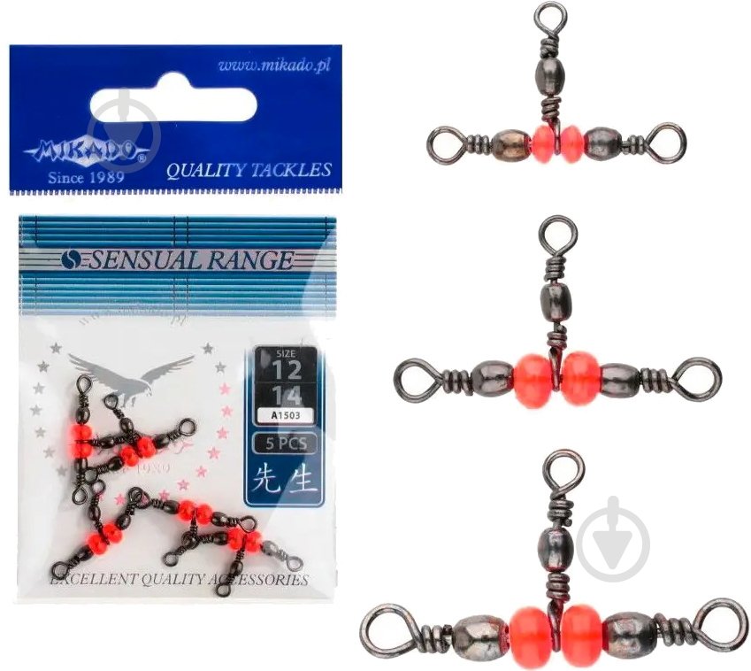 Вертлюг Mikado 13 кг 5 шт. тройной Т-образный с бусинками №12 - фото 1