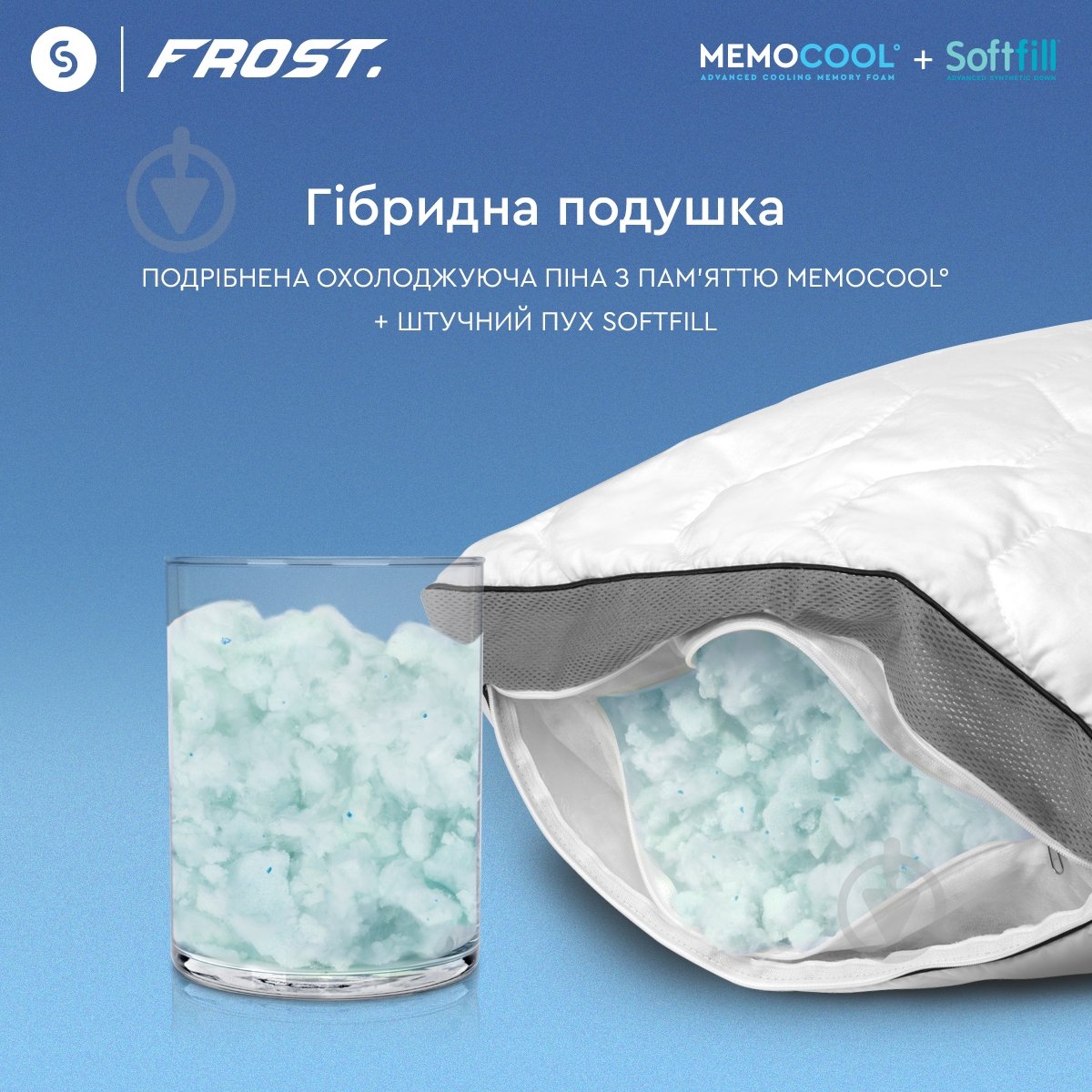 Подушка гібридна з пам'яттю та ефектом охолодження Frost Curve Sonex 50x70 см білий із сірими вставками - фото 3