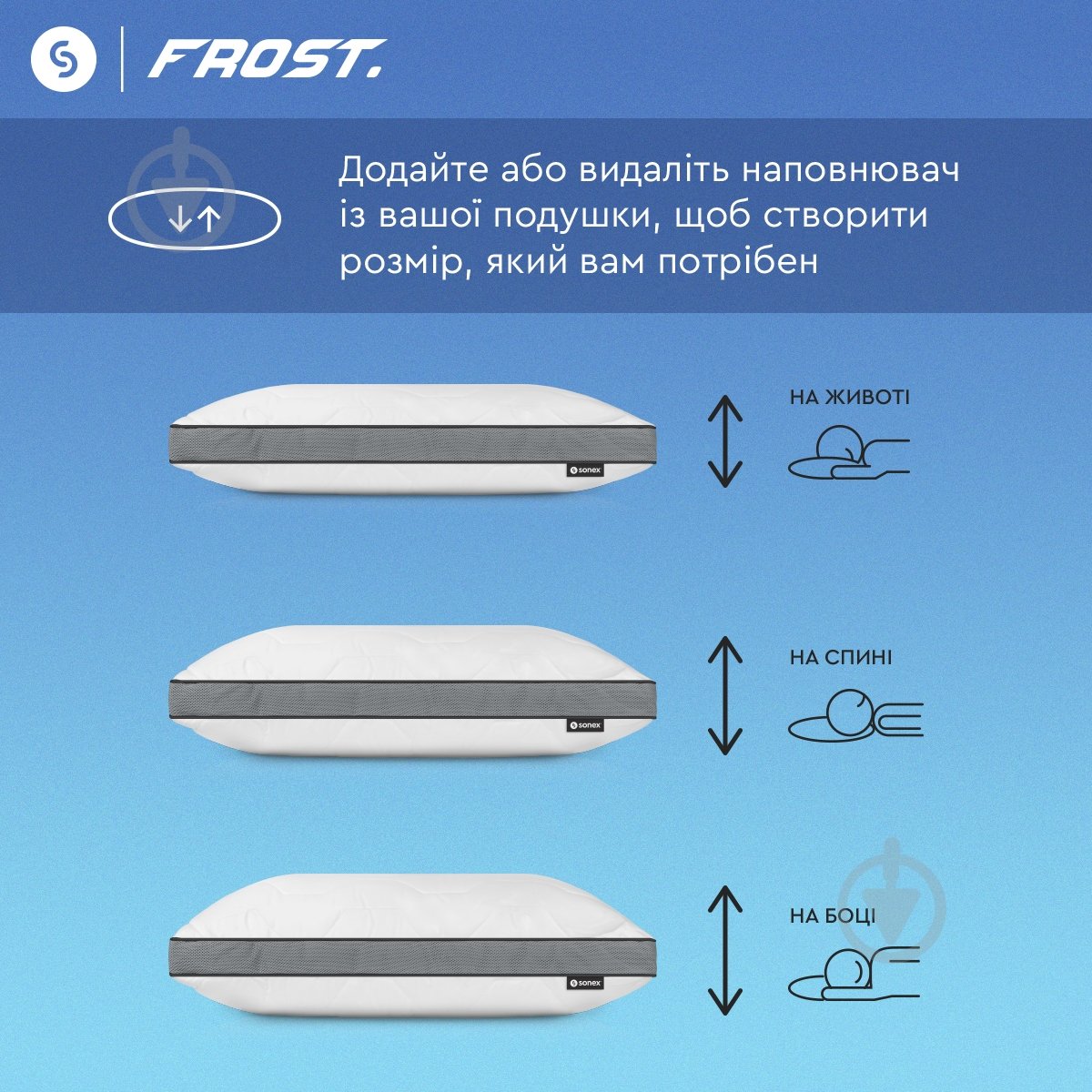 Подушка гібридна з пам'яттю та ефектом охолодження Frost Curve Sonex 50x70 см білий із сірими вставками - фото 5