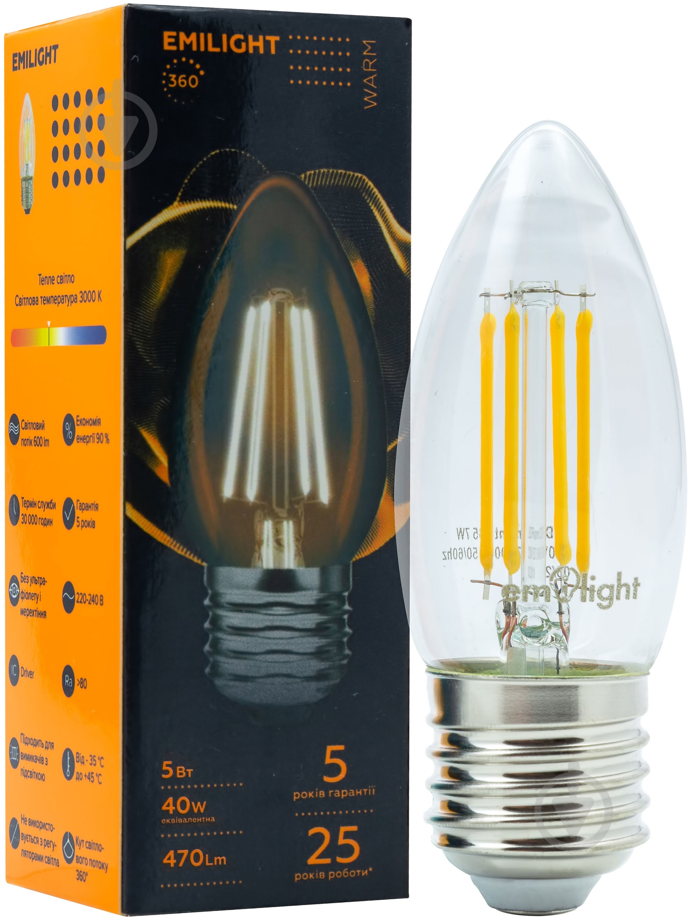 Лампа светодиодная Emilight FIL CL C35 5 Вт E27 3000 К 220 В прозрачная LED Filament C35-5W-3000K-E27- - фото 1
