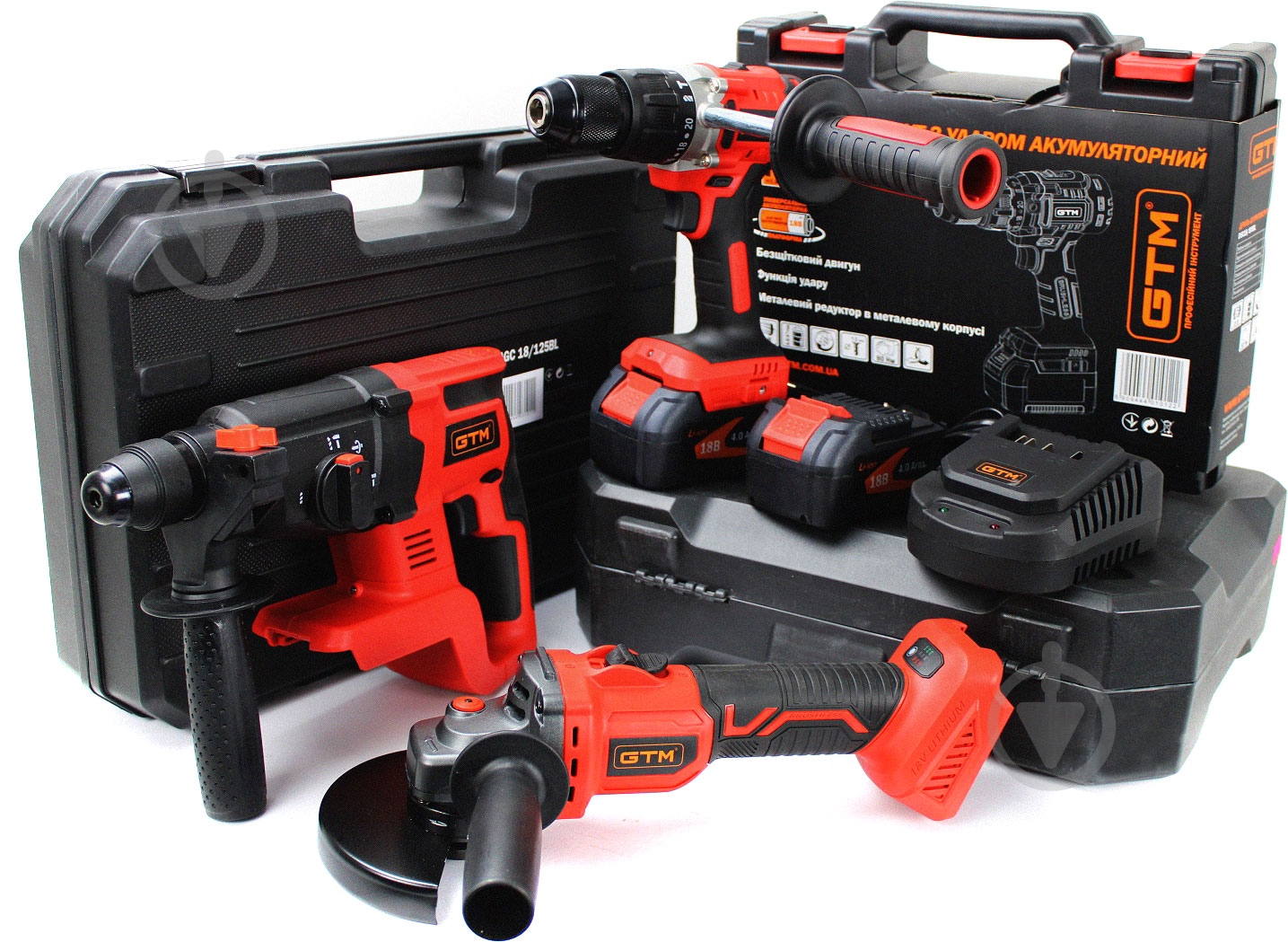 Набор аккумуляторного инструмента GTM (Шуруповерт DSI18/80BL+ УШМ AGC18/125BL+ Перфоратор RHC18/22BL) - фото 1 Набор аккумуляторного инструмента GTM (Шуруповерт DSI18/80BL+ УШМ AGC18/125BL+ Перфоратор RHC18/22BL) - фото 1