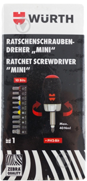 Викрутка WURTH міні з тріскачкою та набором біт 11 шт Zebra 061363050 - фото 3