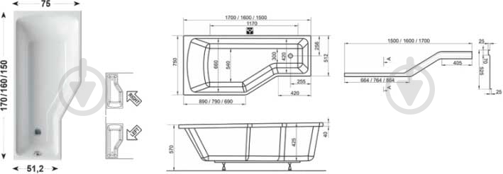 Ванна акрилова Ravak 170х75 см Be Happy R (C141000000) - фото 2 Ванна акрилова Ravak 170х75 см Be Happy R (C141000000) - фото 2