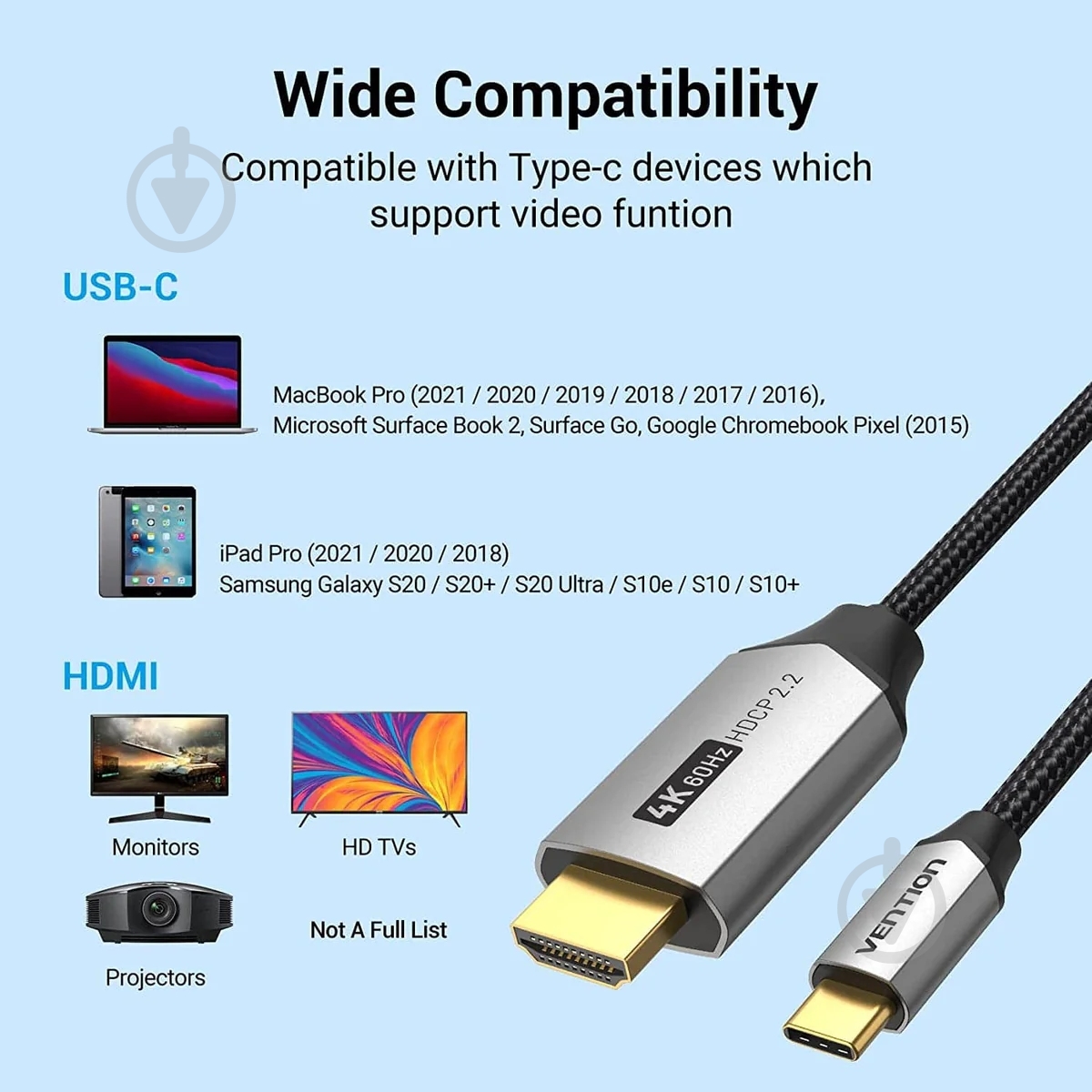 Кабель Vention USB 3.1 Type-C M to HDMI M 2 м черный (CRBBH) - фото 6