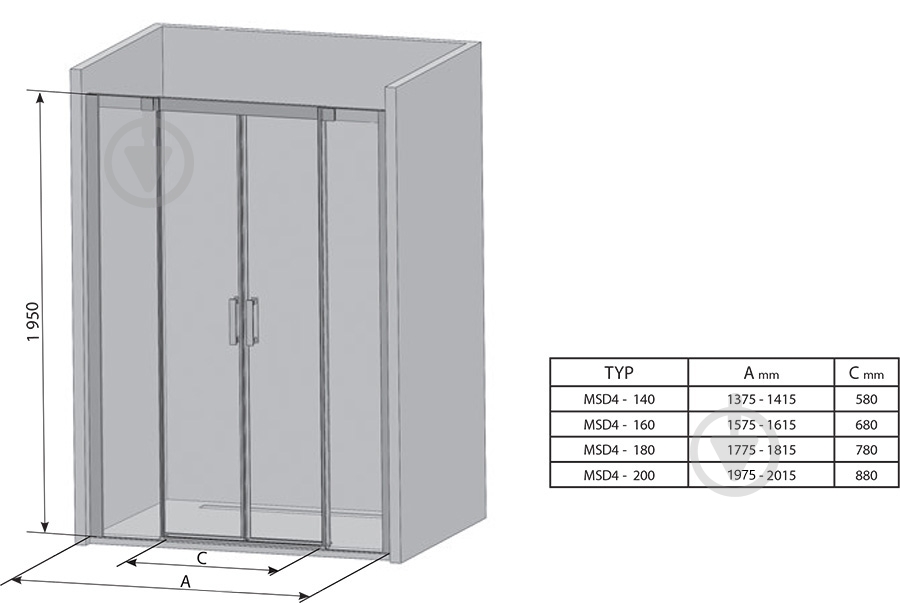 Душевые двери Ravak MSD4-180 белый + Transparent - фото 2