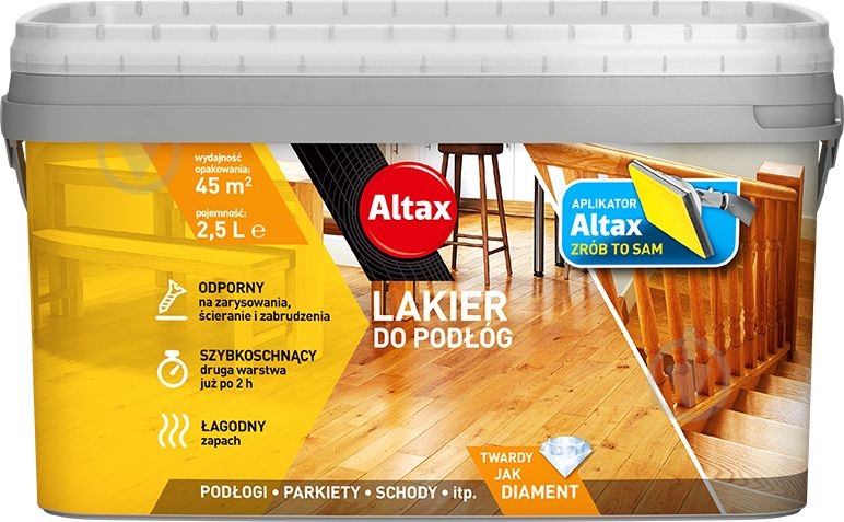 Лак паркетний Altax з аплікатором Altax напівмат 2,5 л вибілений - фото 1 Лак паркетний Altax з аплікатором Altax напівмат 2,5 л вибілений - фото 1