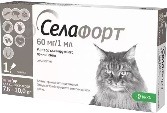 Капли KRKA от эндо/экто паразитов для кошек Селафорт вес 7,6-10кг (1 п-тка 1мл в уп) 0,25 мл - фото 1