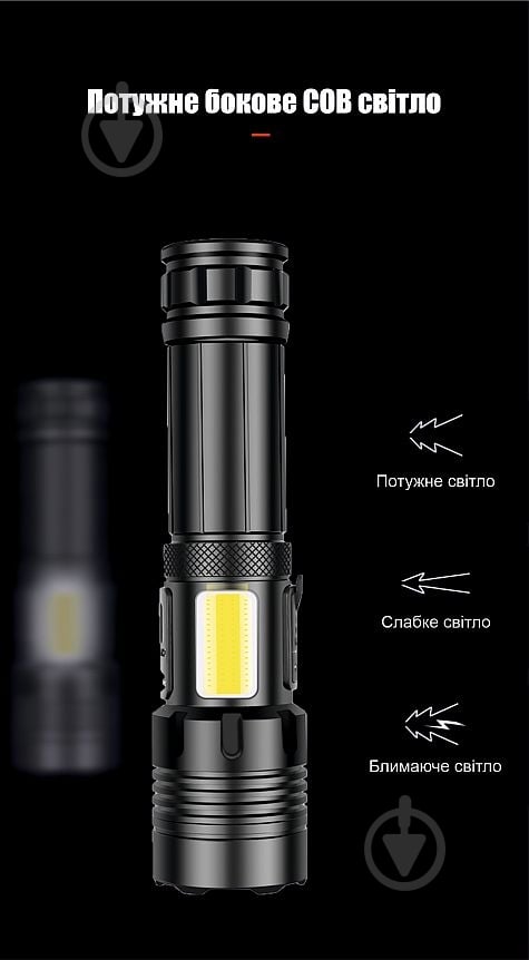 Фонарь Quantum QM-FL1035 Perfect 5WLED zoom +3WCOB с функцией Power Bank Li-ion18650/2600mAh bох 1000 Lm черный QM-FL1035 - фото 15