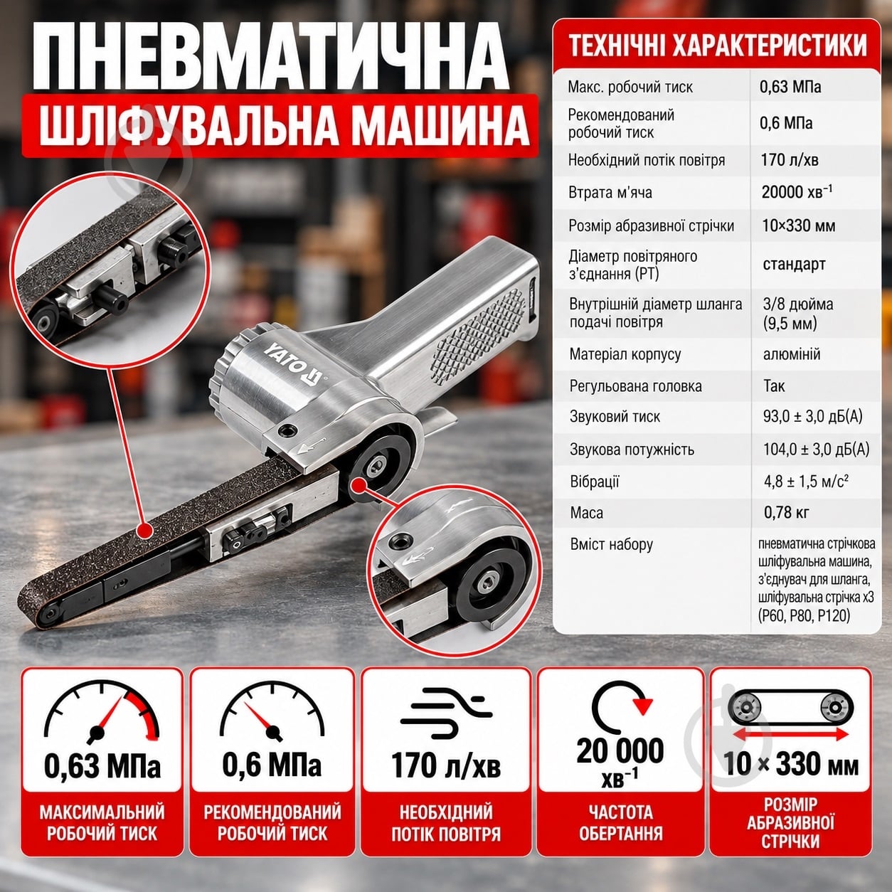 Пневмошлифмашина YATO ленточная YT-09741 - фото 5