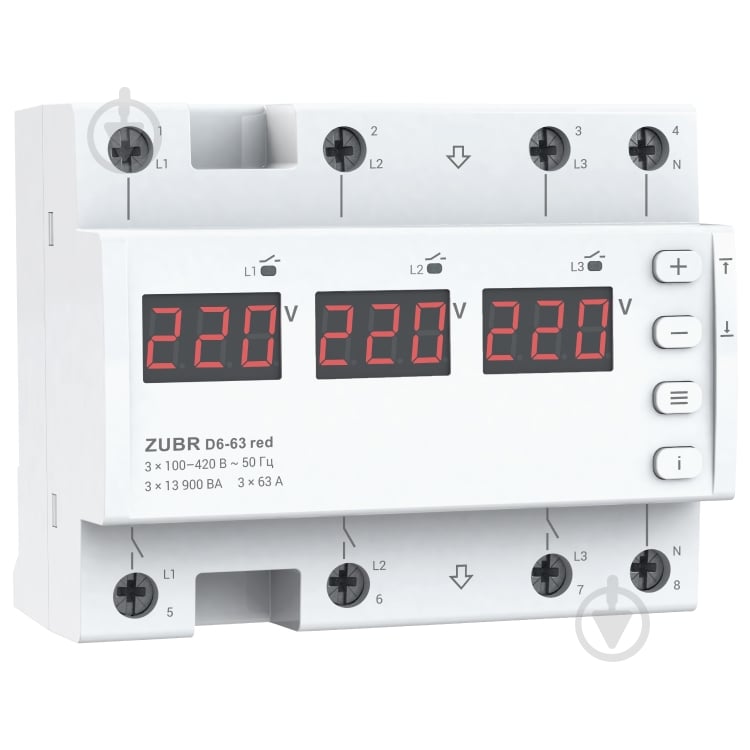 Реле напряжения ZUBR D6-63 red трехфазное с двумя режимами работы (63 А, 13 900 ВА) - фото 1 Реле напряжения ZUBR D6-63 red трехфазное с двумя режимами работы (63 А, 13 900 ВА) - фото 1