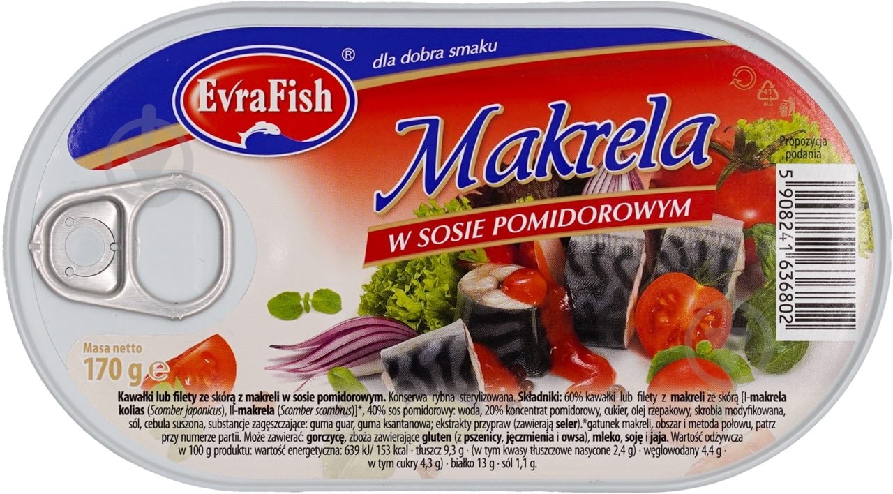 Скумбрія EvraFish в томатному соусі 170 г - фото 1 Скумбрія EvraFish в томатному соусі 170 г - фото 1