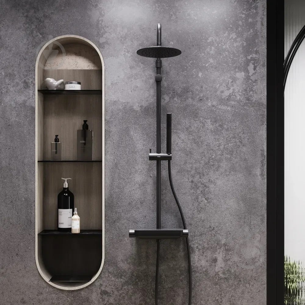 Душевая система Damixa Scandinavian Pure 936750300 с термостатом черная матовая, с полкой - фото 3 Душевая система Damixa Scandinavian Pure 936750300 с термостатом черная матовая, с полкой - фото 3