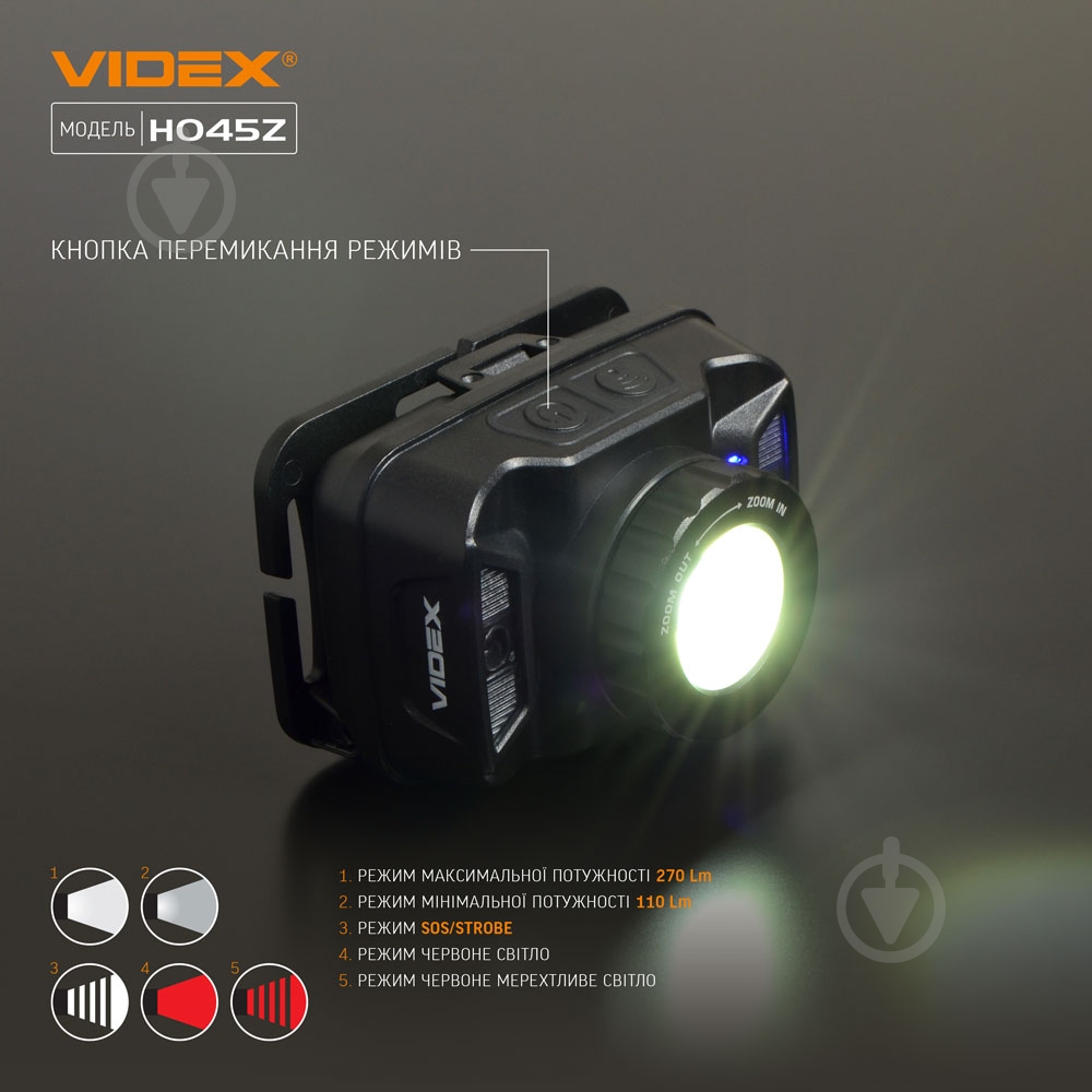 Ліхтар налобний Videx світлодіодний VLF-H045Z 270Lm 5000K 270 Lm чорний 26570 - фото 6