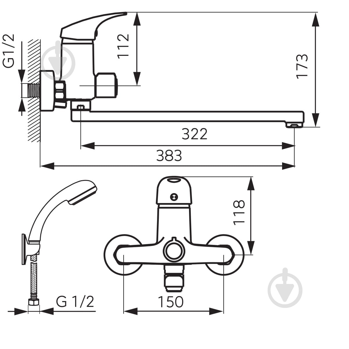 Смеситель для ванны Ferro FERRO ONE BFO55A с подключением по душу, с набором для душа - фото 2